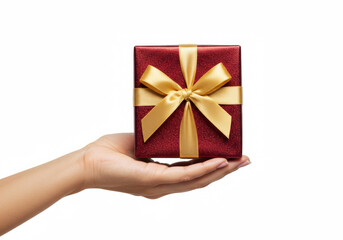Woman hand holding elegant gift box isolated on white background