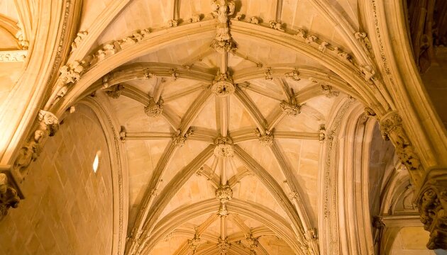 Ornate vaulted ceiling in a light beige/cream church