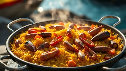 Artisanal paella pan with golden saffron rice and fresh seafood, celebrating Spain's National Day with Mediterranean coastal hues.