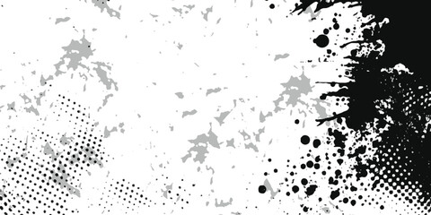 Monochromatic abstract texture with grunge splatter and halftone patterns white background