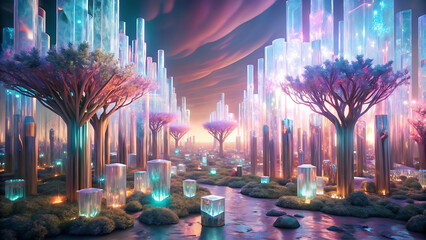 Ultra realistic rendering of a glass forest filled with glowing light in surreal fantasy dreamscape