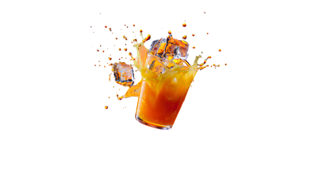 Refreshing orange juice with ice cubes splashing dynamically in mid air isolated on transparent background