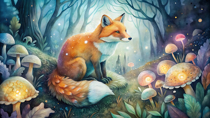 Watercolor fox curled around glowing mushrooms in forest fantasy artwork with dreamy glowing design