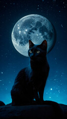 Fototapeta premium Black cat on crescent moon, minimal blue night sky with stars and clean space for copy.