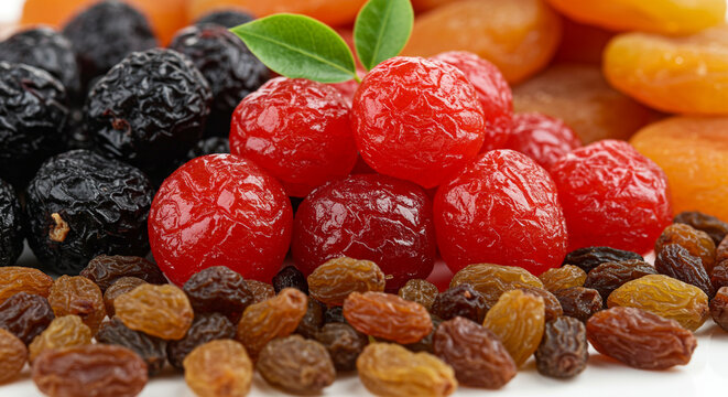 : Close-up of various dried fruits. Clusters of red and dark purple dried cherries - Powered by Adobe