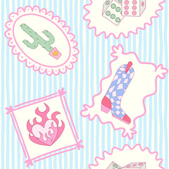 Cowgirl seamless pattern. Cowboy western theme, cactus, cowboy boots, flame heart and dice in girly pink frame. Hand-drawn cartoon print on a stripy blue background. Vector wallpaper, t-shirt and vint