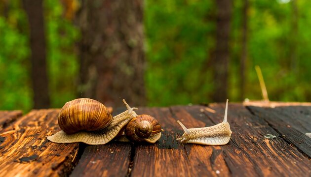 Three snails on dark wood, blurred green forest background