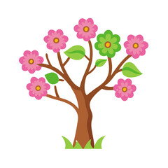 Fototapeta premium Vector art of cartoon tree with pink and green flowers, a cheerful and colorful illustration of spring and natures beauty
