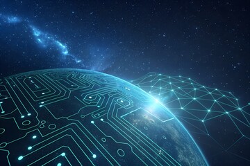 Digital circuit board design overlaid on a planet with a network in the background, representing technology.