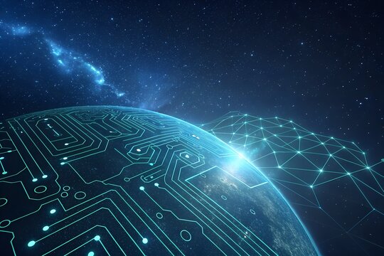Digital circuit board design overlaid on a planet with a network in the background, representing technology.