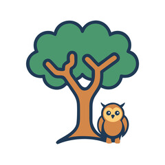 Illustration of an owl sitting near a tree, , creating a simple and charming scene for various creative projects