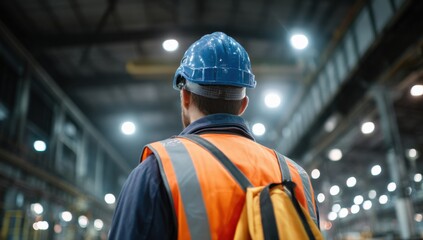 Maintenance worker in white hard hat standing inside elevator cabin