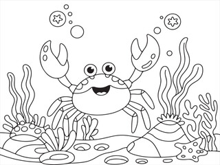 Fototapeta premium Playful Cartoon Crab and Fish in Marine Life Line Drawing