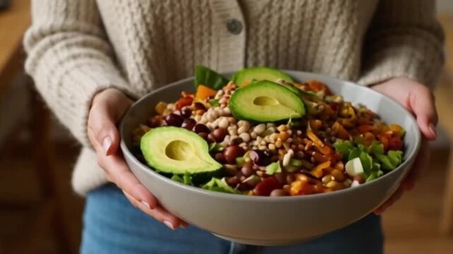 Eine Frau in Jeans und warmem Pullover h&auml;lt eine gro&szlig;e Sch&uuml;ssel mit einem gesunden vegetarischen Abendessen