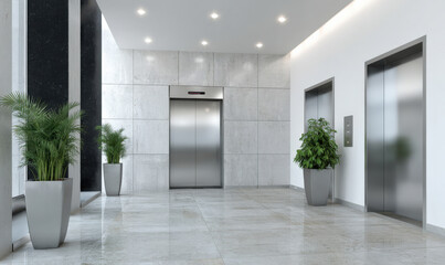Fototapeta premium Modern building lobby with closed elevator doors, black walls