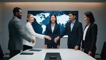 Global Business Partnership Handshake - A diverse team of business professionals shakes hands in a modern boardroom, signifying a successful global partnership. - Powered by Adobe