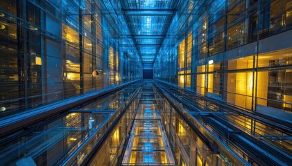 Maintenance worker in white hard hat standing inside elevator cabin
