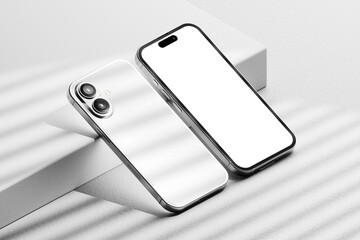 Dual smartphone mockup on a clean minimal background with soft shadows for branding and UI UX presentations.