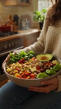 Eine Frau in Jeans und warmem Pullover h&auml;lt eine gro&szlig;e Sch&uuml;ssel mit einem gesunden vegetarischen Abendessen