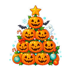 A jack-o'-lantern tree decorated with a Christmas theme.
