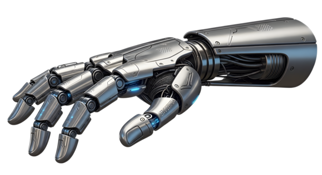 Closeup of a metallic robot arm reaching out, showcasing advanced technology and artificial intelligence, isolated on transparent background
