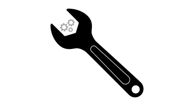 Black wrench and gear icon, symbolizing repair and maintenance, isolated on transparent background