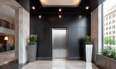 Modern building lobby with closed elevator doors, black walls, and potted plants.