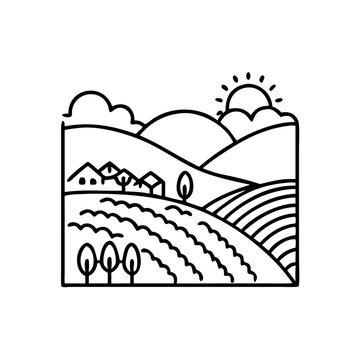 Vector art of monochrome outline illustration of a rural landscape with fields, hills, and a village