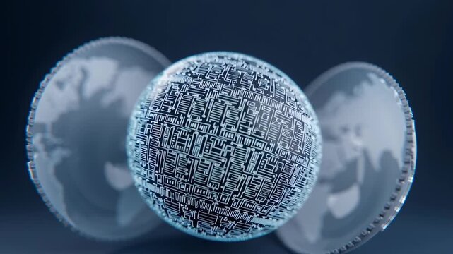 Futuristic digital globe split open revealing glowing circuit board core symbolizing global connectivity network and advanced technology sphere
