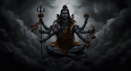 Meditating God Figure with Trident and Cobra in Dark Cloudy Setting