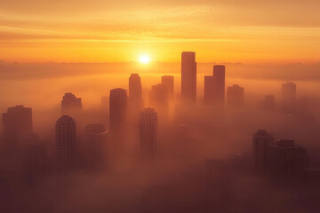 Dramatic and beautiful cityscape: skyscrapers of downtown houston emerging from thick fog at sunrise