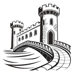 Obraz premium Black silhouette of a medieval castle with a drawbridge and towers black and white