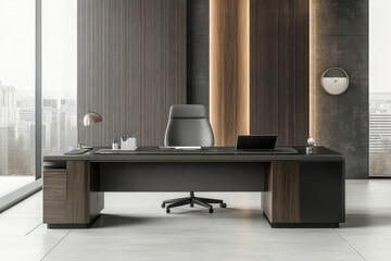 Obraz premium Modern walnut desk and ergonomic chair in a luxurious workspace with a serene outdoor view