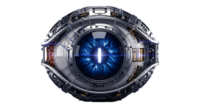 Futuristic robotic eye with intricate metal details, representing advanced technology and artificial intelligence isolated on transparent background, a symbol of cyber vision