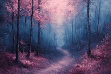 Naklejka premium Magical Forest with Blue and Purple Glowing Backdrop