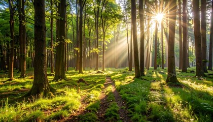 Sunlight streams through a dense forest, illuminating a pathway through the trees.