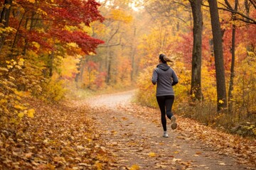Fototapeta premium Autumn Runner Capturing the Essence of Fall and the Joy of Running Through Nature's Beauty