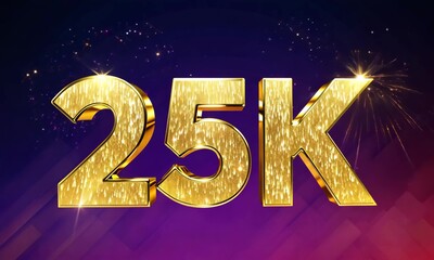 25k golden shiny number celebrating anniversary with fireworks on purple background
