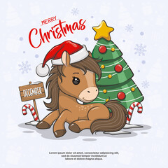 Merry Christmas With Horse Santa Claus And Christmas Tree, Vector Cartoon Illustration