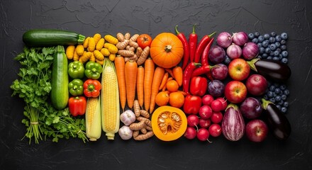 Variety of Fresh Vegetables Arranged by Color on Dark Background | Healthy Eating Concept for Food Bloggers, Recipe Websites and Nutrition Marketing