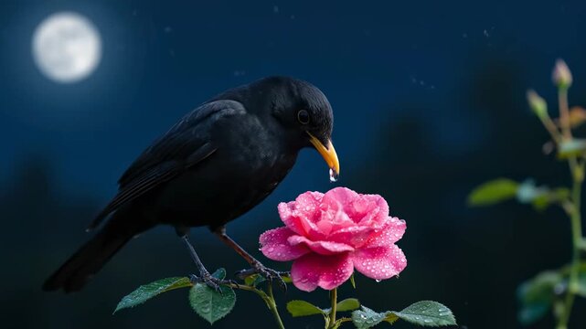 Blackbird on Pink Rose at Night - A blackbird perches delicately on a dew-kissed pink rose, under the soft glow of a full moon in the night sky.