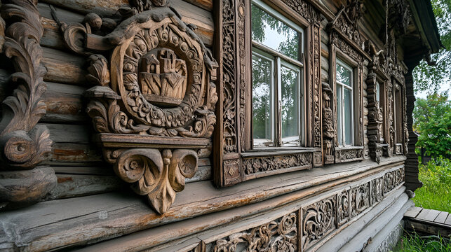 A Russian dacha with intricate wooden carvings.