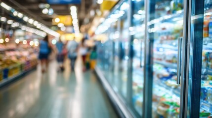 Obraz premium Medium shot capturing a supermarket aisle with a prominent focus on a wide glassdoor refrigeration unit stocked with products soft bokeh on shoppers behind.