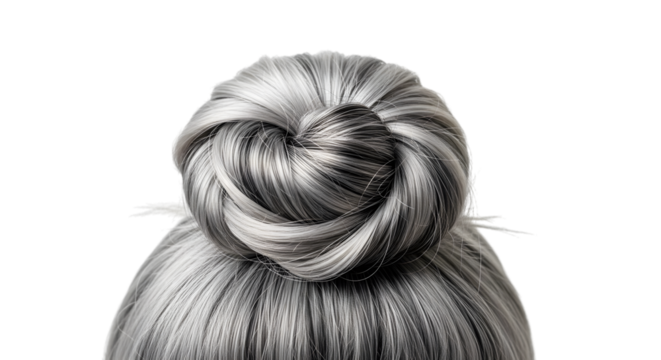 Closeup of a stylish gray hair bun on a womans head, isolated on transparent background, showcasing a modern and elegant hairstyle for various occasions