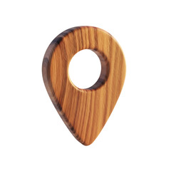 Organic wooden location pin icon for travel, navigation apps, real estate listings, local business search, and sustainable branding, isolated on white & transparent background.