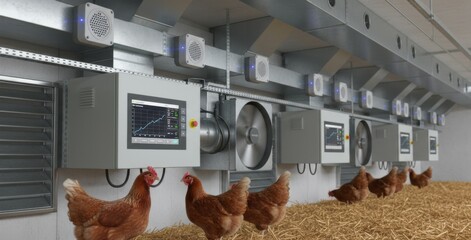 Medium shot highlighting airflow sensors and automated controls in a modern hen house ventilation setup promoting consistent air quality for happy hens.