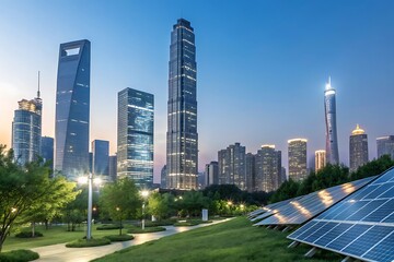 Obraz premium Modern cityscape at dusk with solar panels in the foreground, showcasing the integration of renewable energy in urban environments