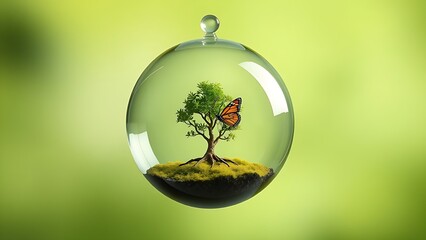 Glass orb with miniature tree and butterfly, representing environmental harmony and conservation.