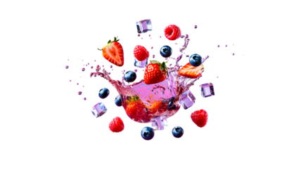 Fresh mixed berries and ice cubes splashing in pink liquid isolated on transparent background