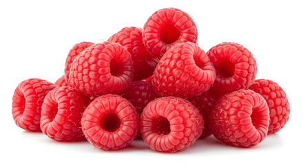 Fresh Raspberries: Vibrant Red Berries, Close-Up Photography of a Pile of Ripe Raspberries on White Background, Perfect for Food Blogs, Packaging, and Culinary Content.